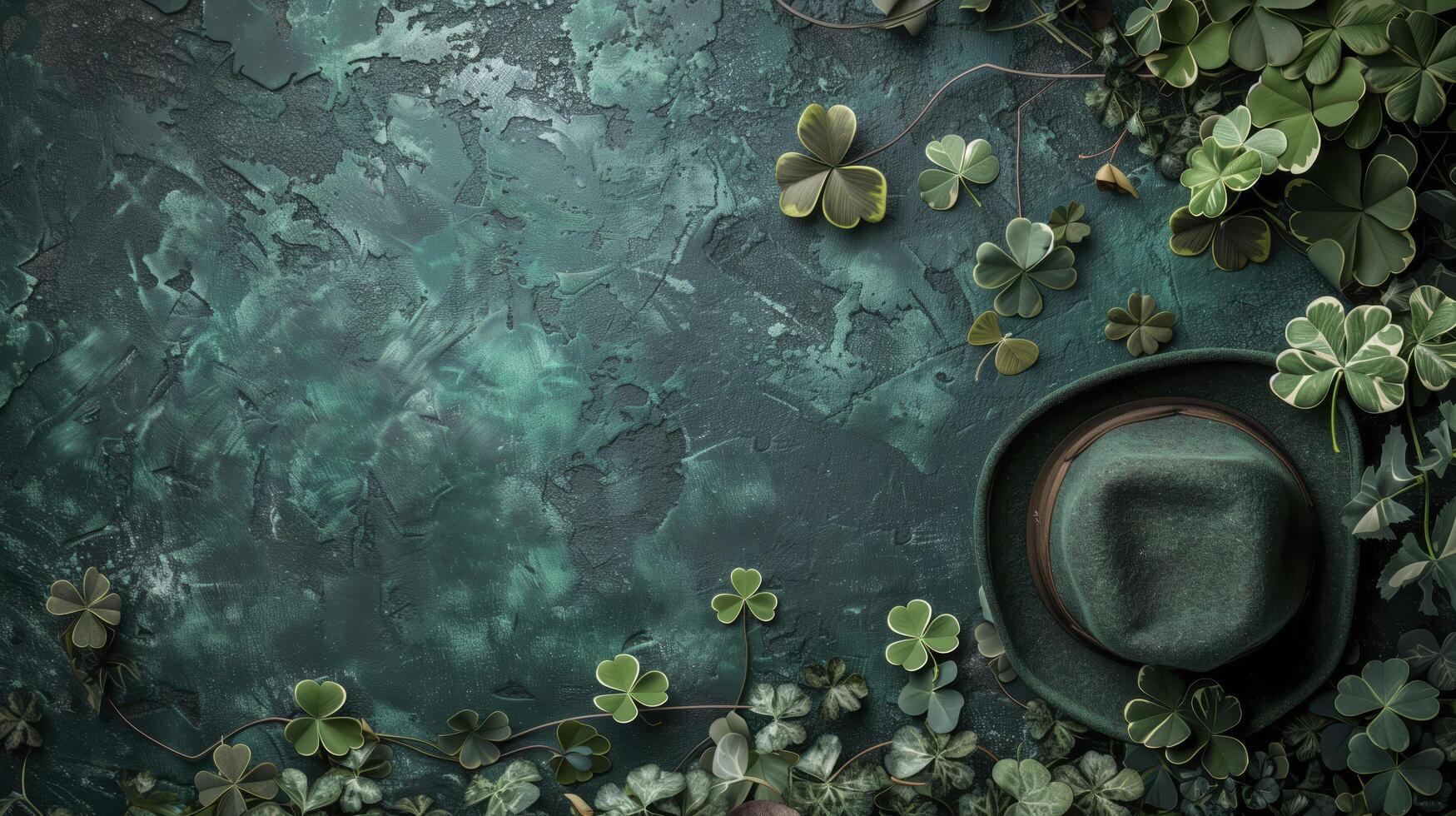 St. Patrick's day celebration concept with a green hat on a green background surrounded by shamrock clovers photo