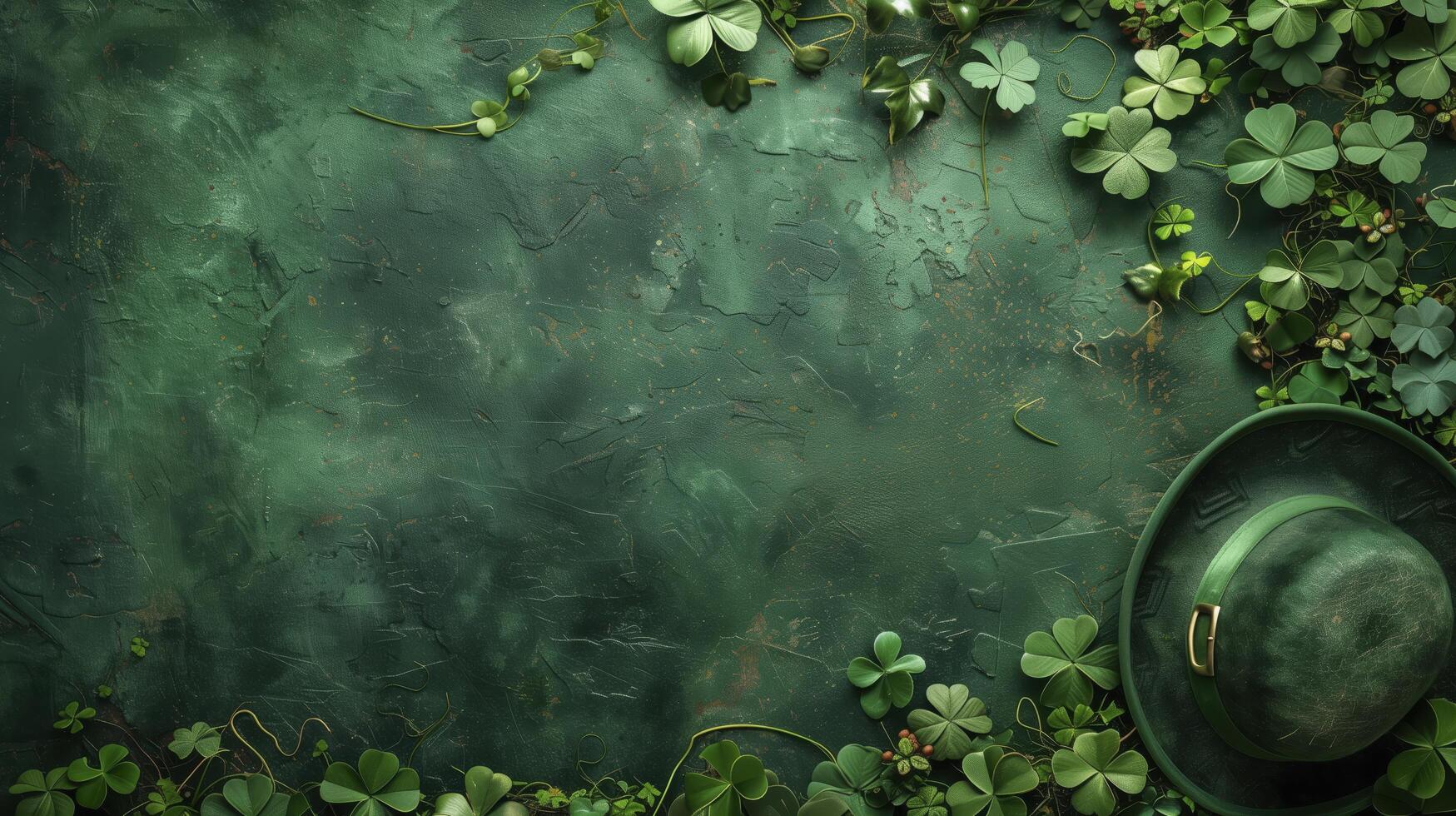 St. Patrick's day scene with a green leprechaun hat on an emerald background and framed by shamrocks photo
