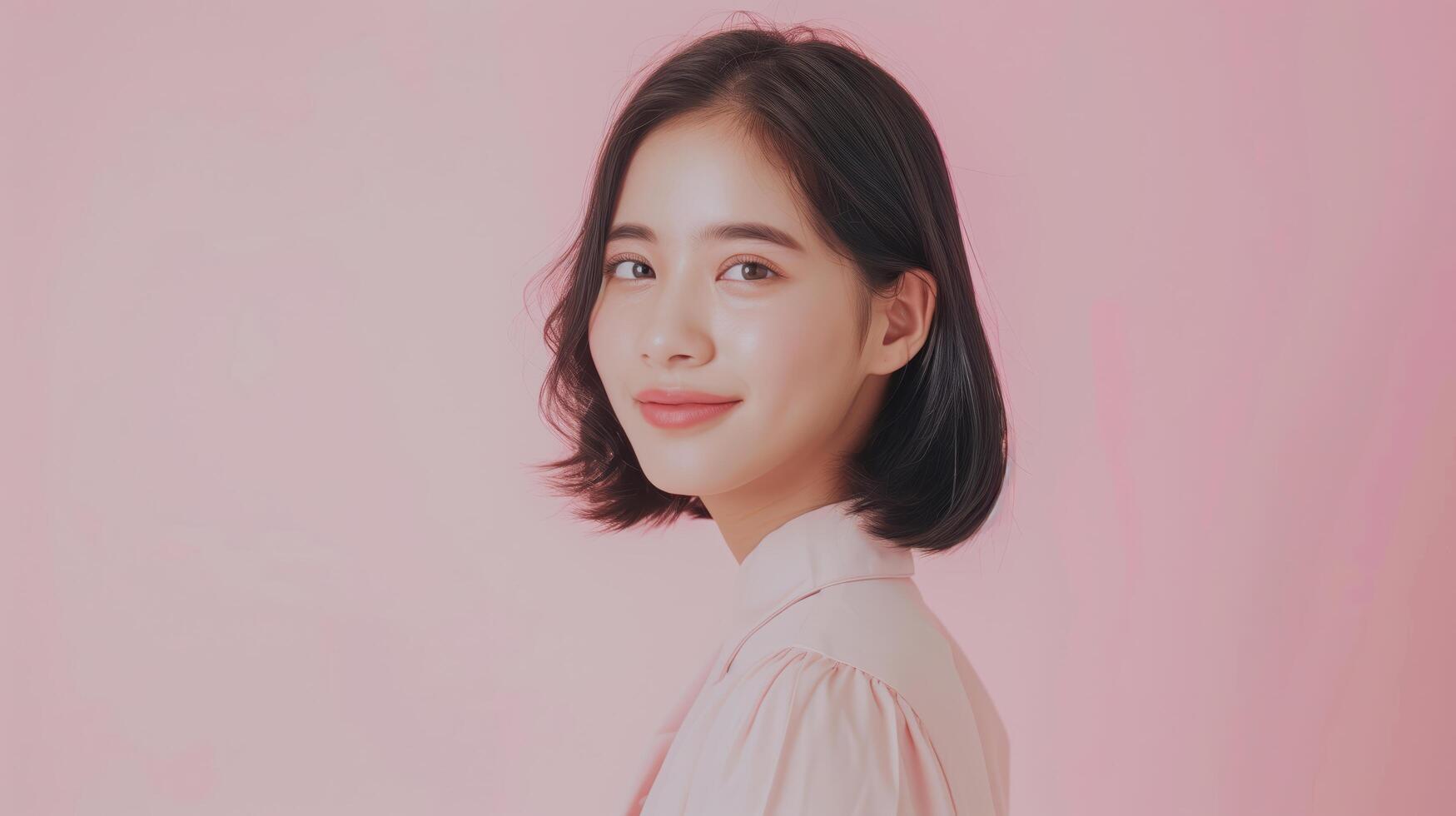 Young woman in a pink shirt poses happily against a soft pink background, exuding joy and contentment with a bright smile photo
