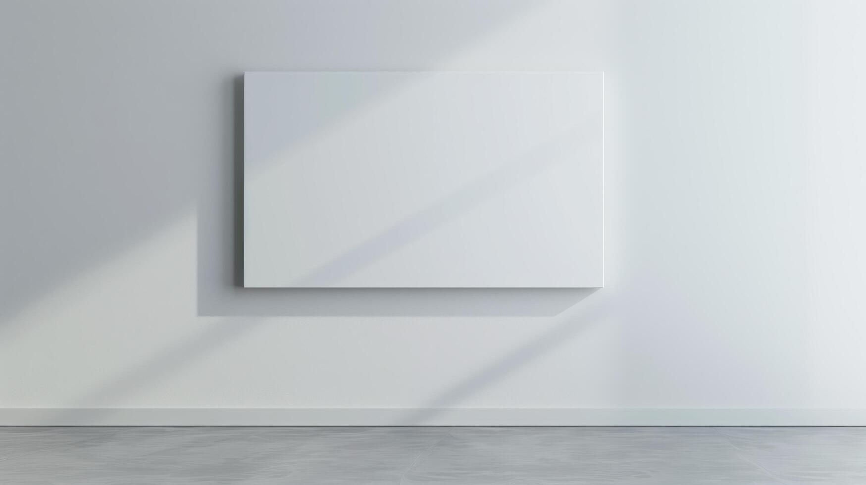 Sunlit empty room with a blank canvas on a white wall casting shadows, perfect for your next project photo