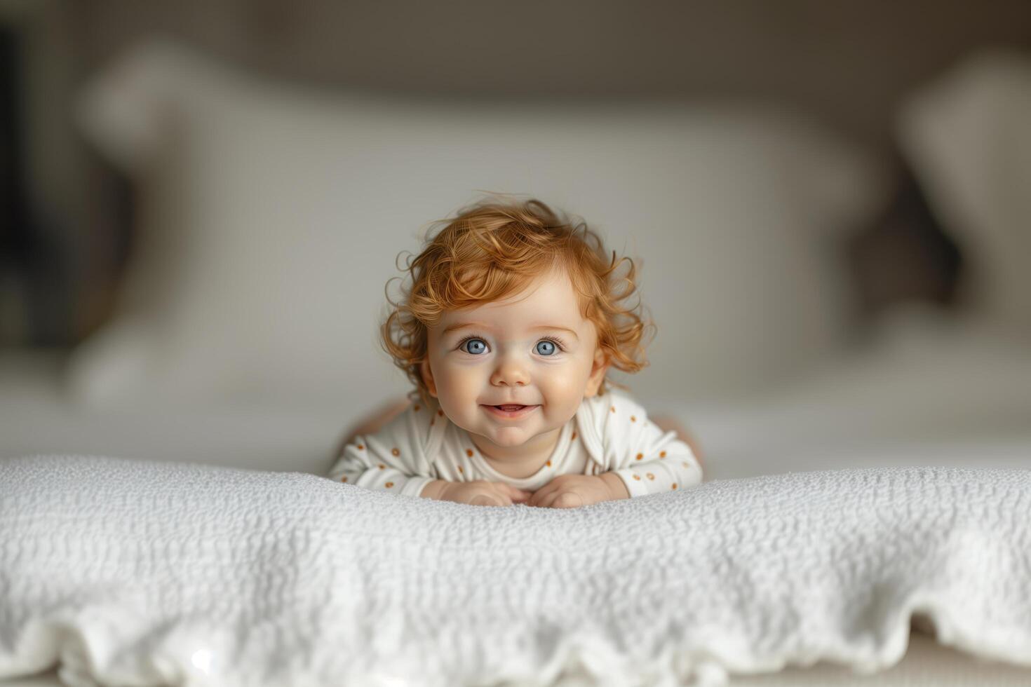 Smiling baby with red hair and blue eyes lies on a soft white blanket, radiating happiness and innocence in a cozy and comforting setting. Perfect for showcasing family love and joy photo
