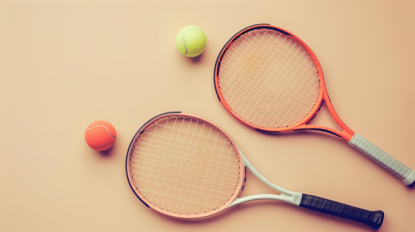 Two tennis rackets and balls are lying on a pastel surface, suggesting a friendly match or a training session photo