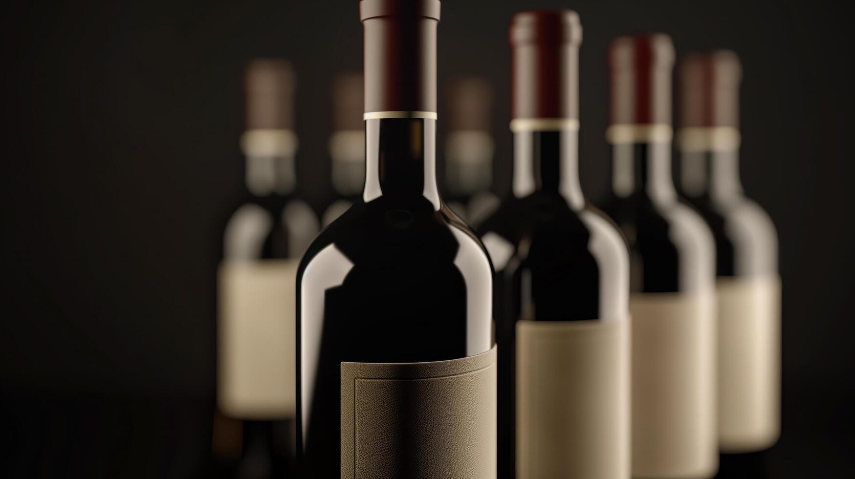 Row of wine bottles with blank labels on black background, ready for a tasting event photo