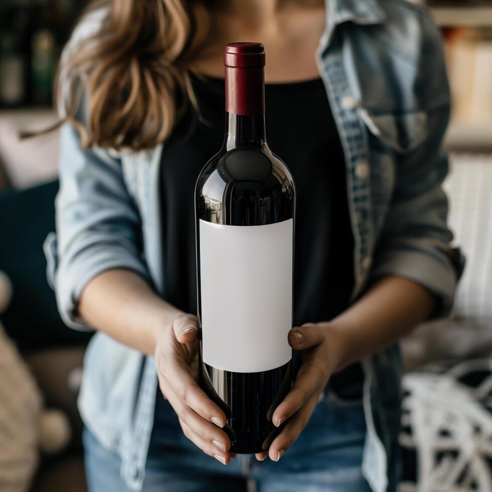 Woman holding a bottle of red wine with a blank label, perfect for showcasing your wine label design photo