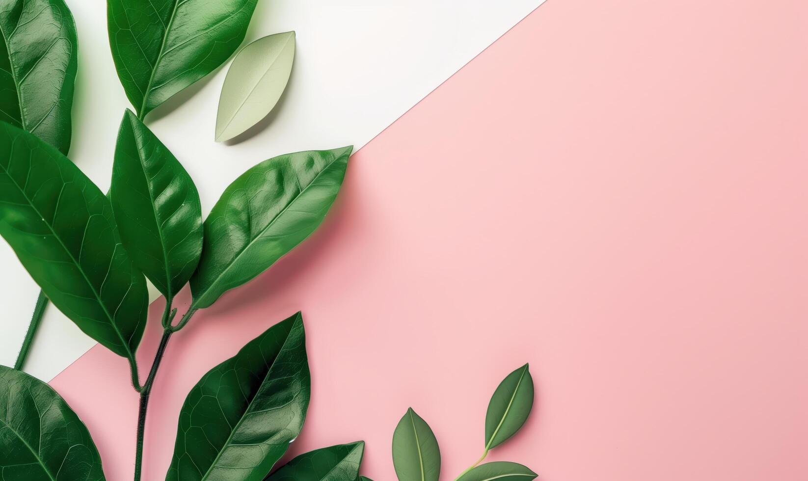 Green leaves creating a diagonal line on a pink and white background with copy space photo