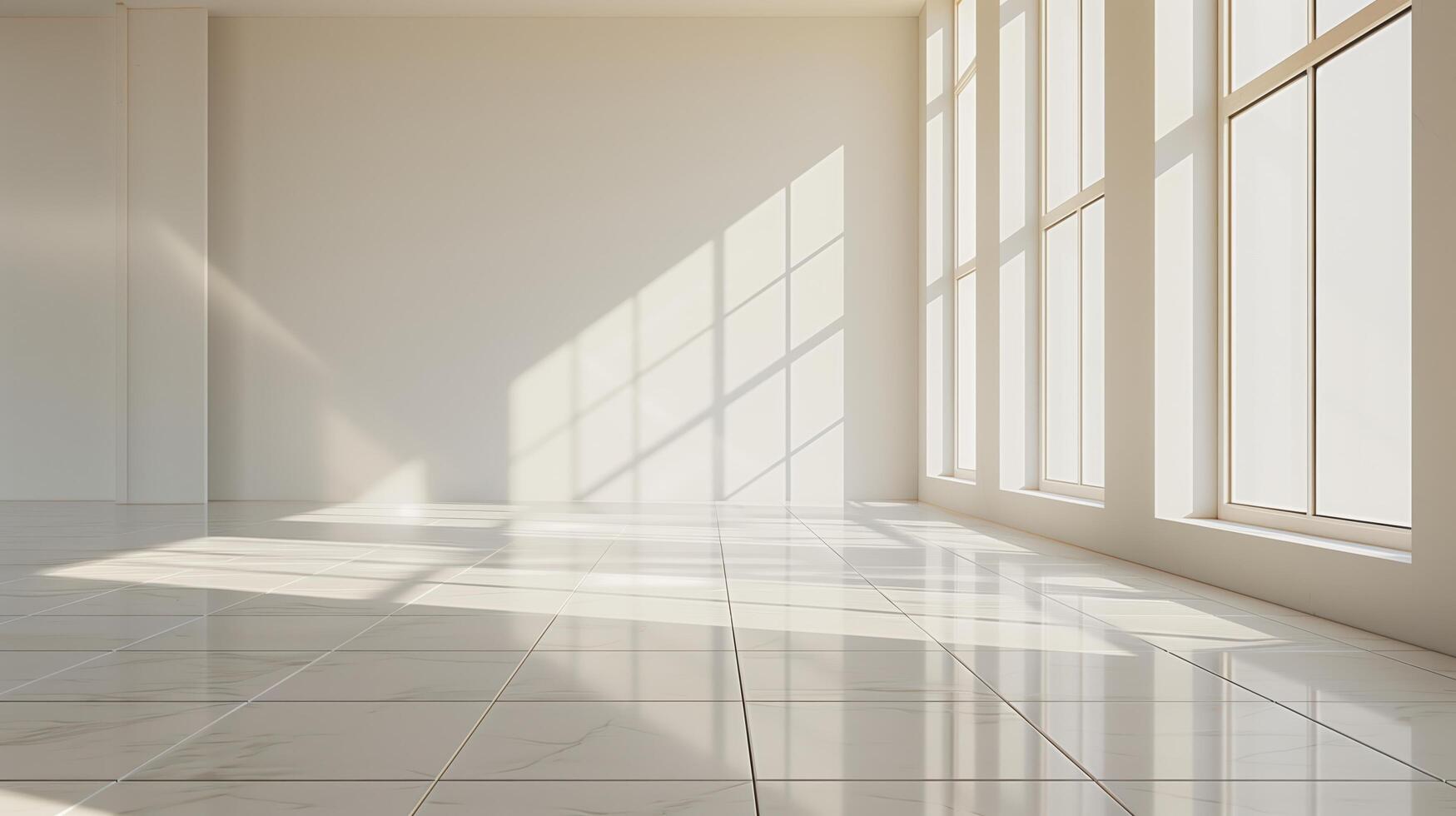 Interior with white walls, tiled floor and big windows allowing sunlight to illuminate the whole space photo
