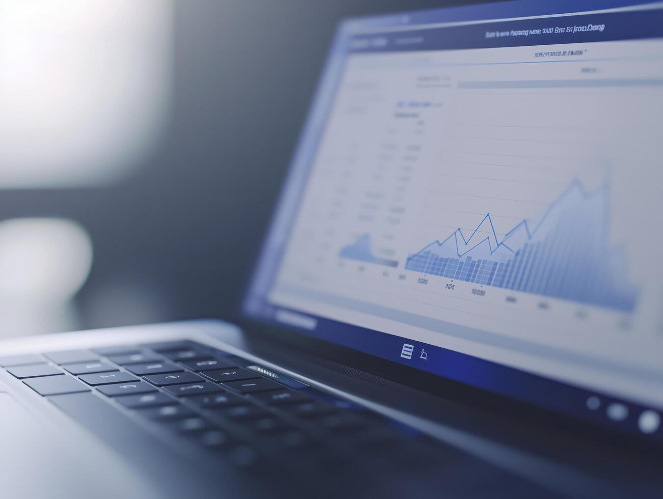 Open laptop on a desk displays a line chart showing positive growth, symbolizing progress and success in business with data for decision-making photo