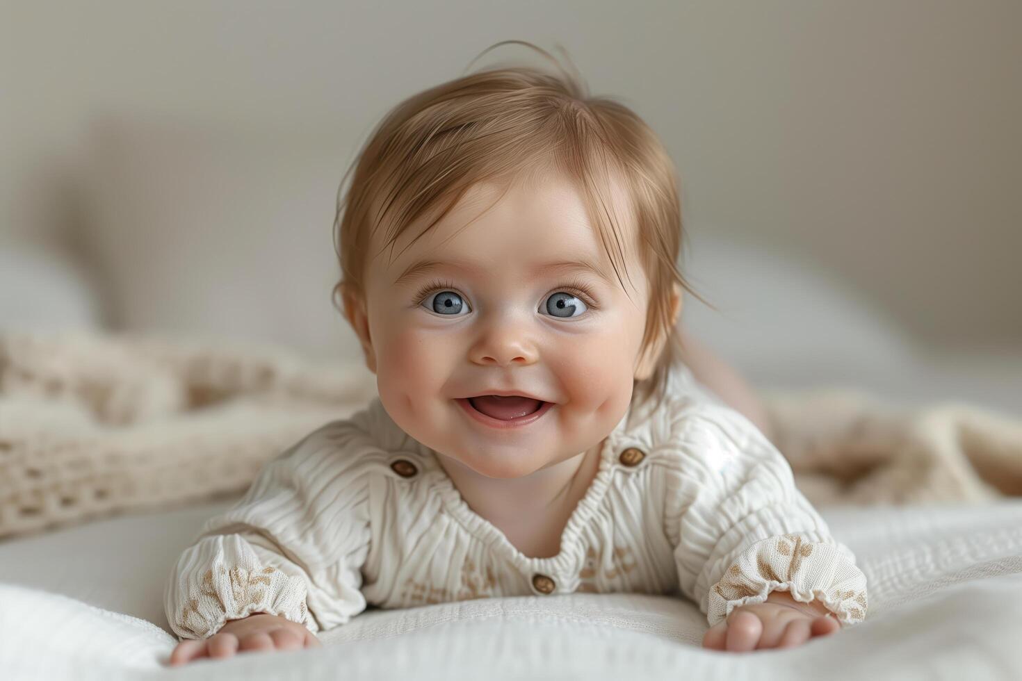 Cheerful baby with big blue eyes and cute dimples is lying on her tummy on a soft blanket, smiling happily photo