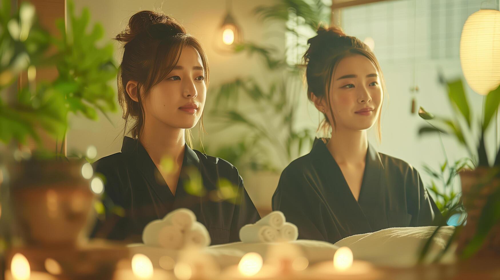 Two young women are enjoying a relaxing spa day surrounded by candles and plants photo