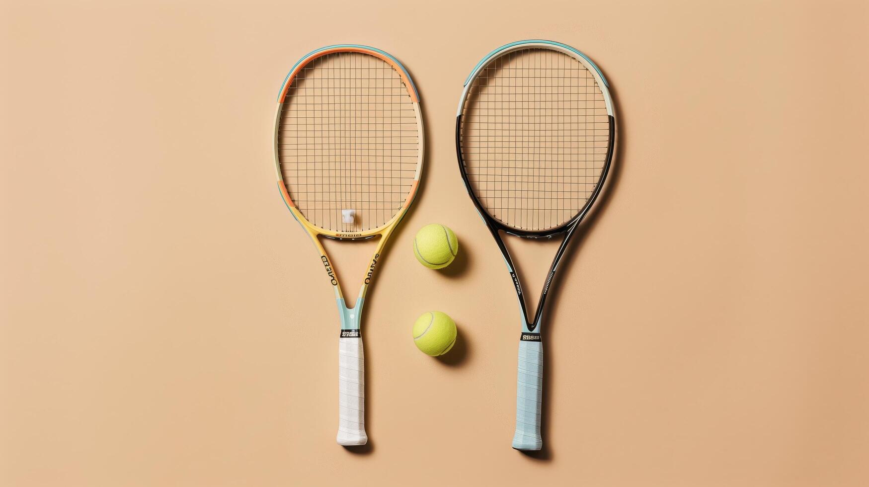 Two tennis rackets and three tennis balls rest on a beige surface, indicating a game of tennis photo