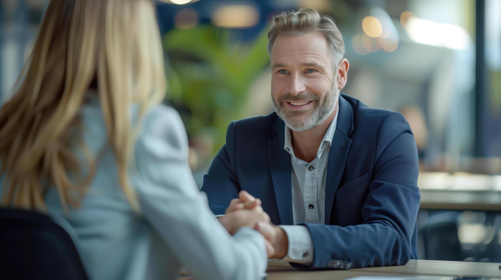Businessman is holding the hand of a businesswoman during a business meeting, smiling photo