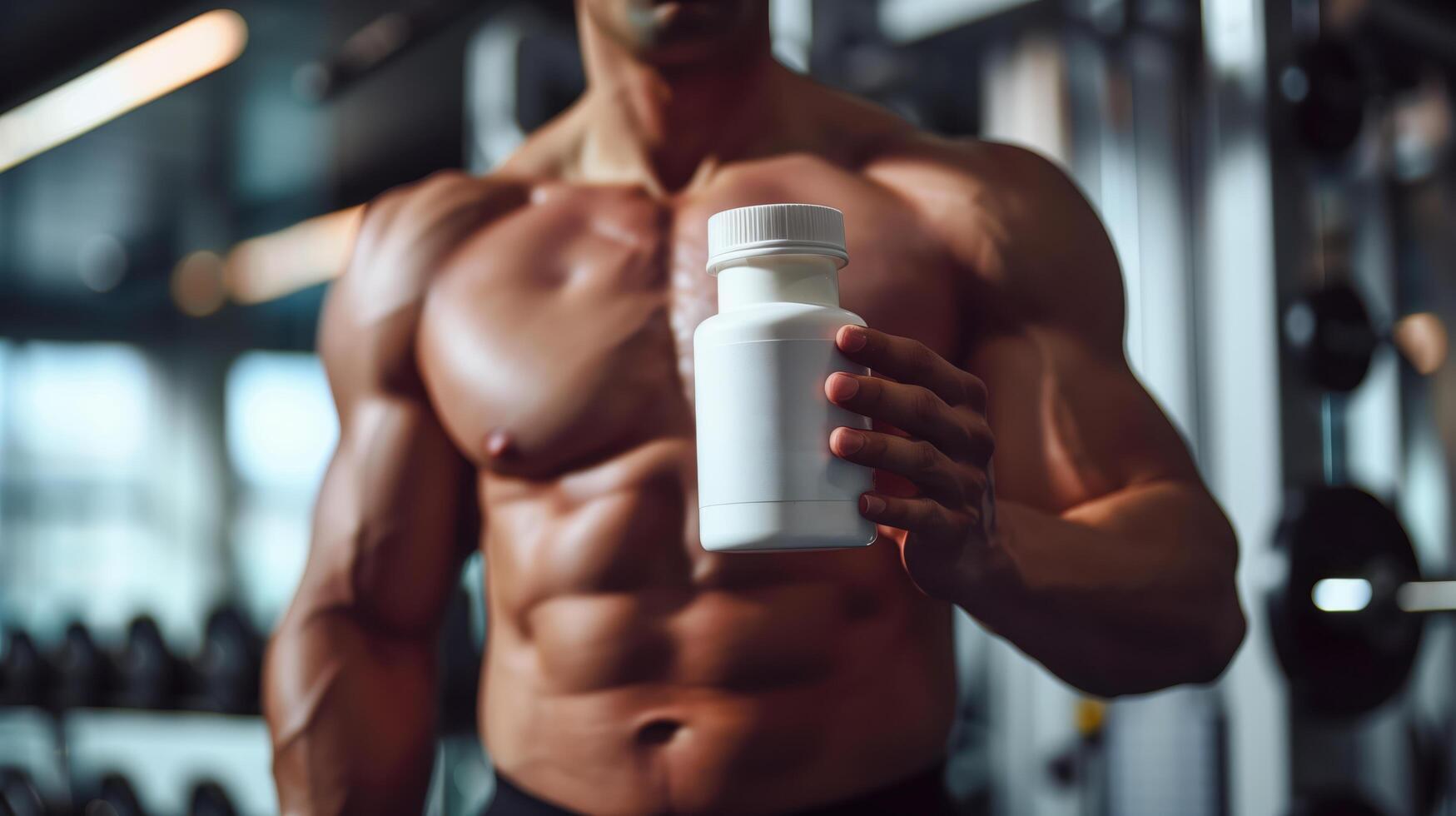 Bodybuilder poses with a bottle of sports supplements in the gym after a workout photo