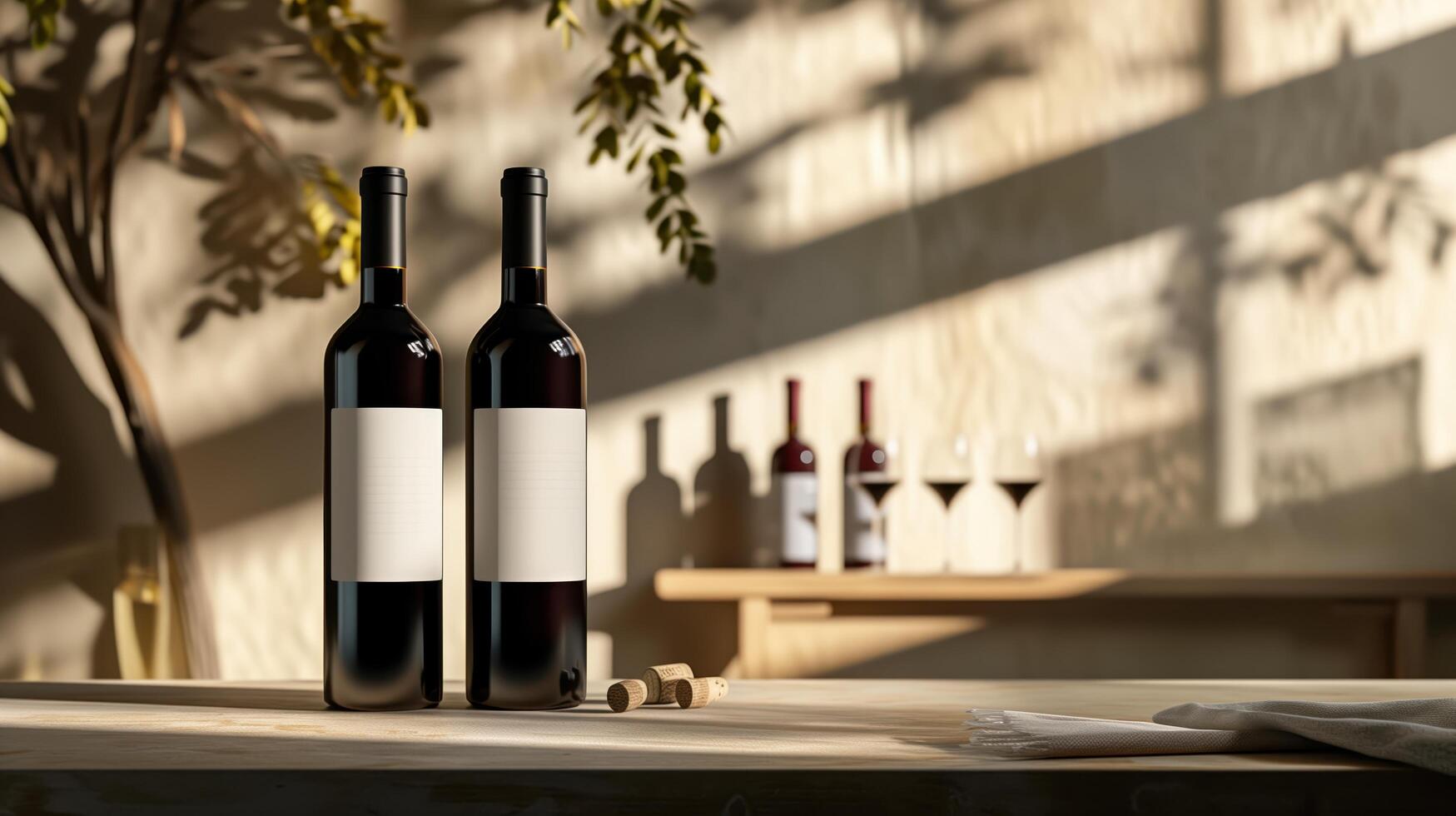 Two unlabeled bottles of red wine displayed on a table in a tasting room, with additional bottles and glasses in the background photo