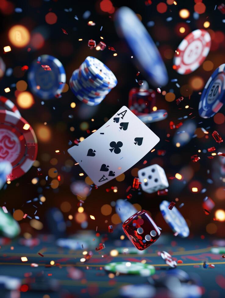Casino table with green felt, poker chips, playing cards, and dice under sparkling bokeh lights photo