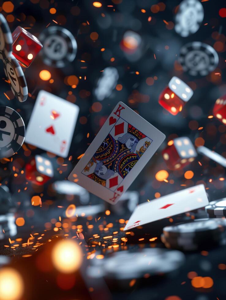Playing cards, poker chips, and dice falling down with a fiery sparks background photo