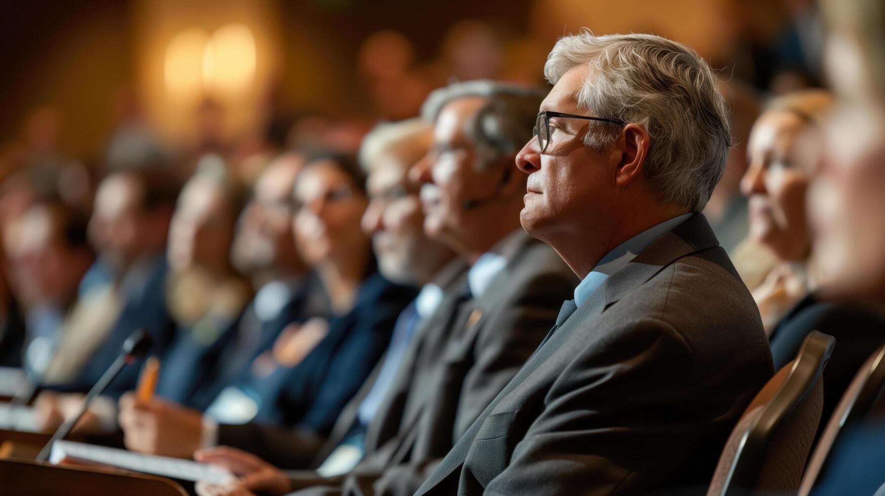 Audience members are engaged in a presentation by a speaker during a corporate event photo