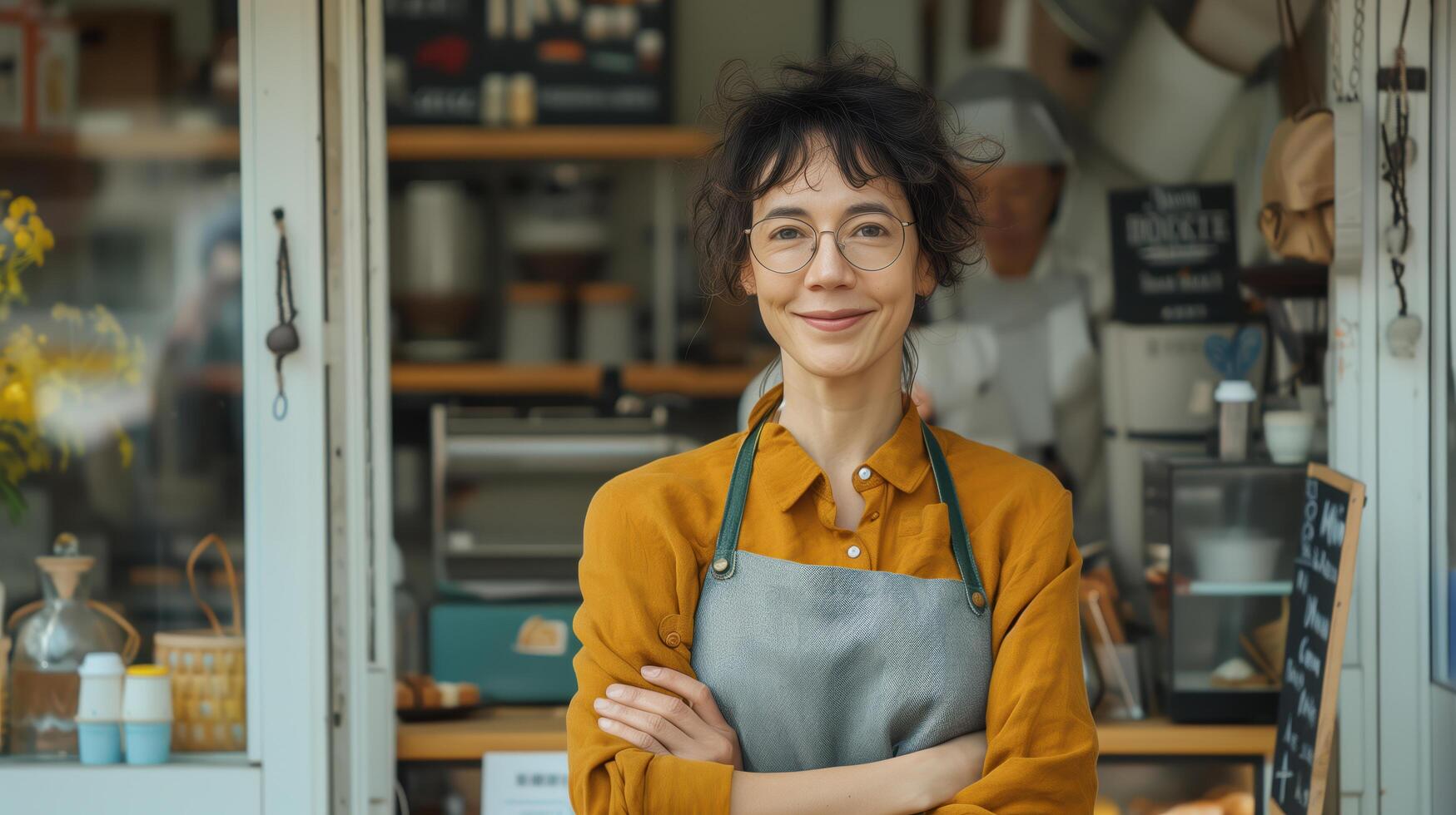 Smiling small business owner stands with arms crossed in front of her shop, wearing an apron photo