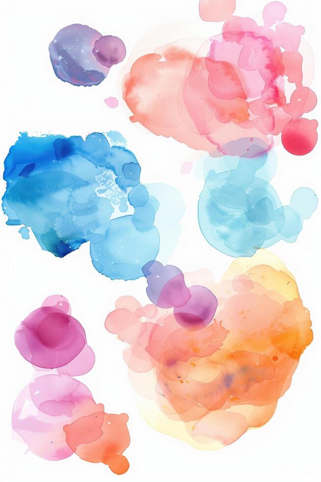 Colorful watercolor paints blend beautifully on a white background, creating abstract shapes in vibrant hues of blue, pink, orange, yellow, and red photo