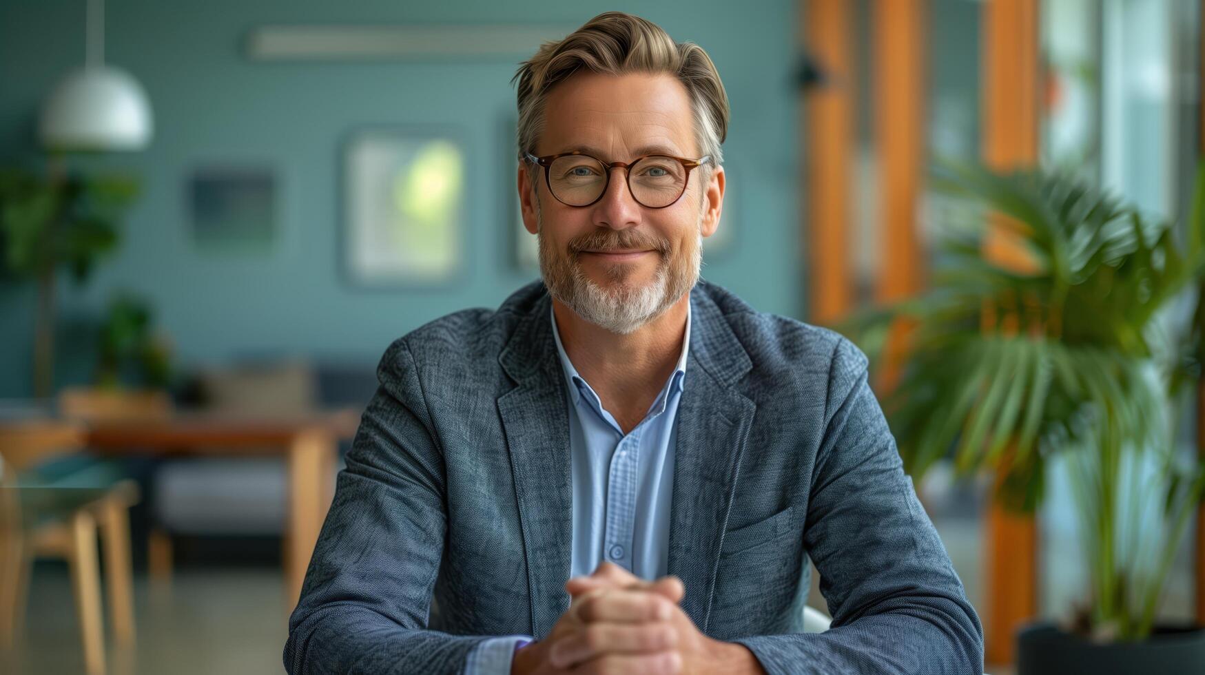 Smiling businessman in a blue shirt and gray jacket sits in a lobby with his hands clasped photo