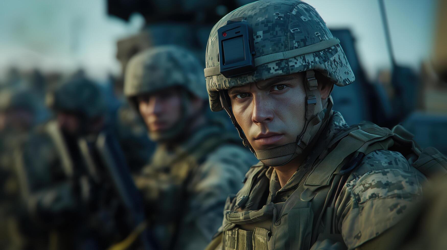 Modern soldiers in camouflage gear, bulletproof vests, and helmets gearing up for combat photo
