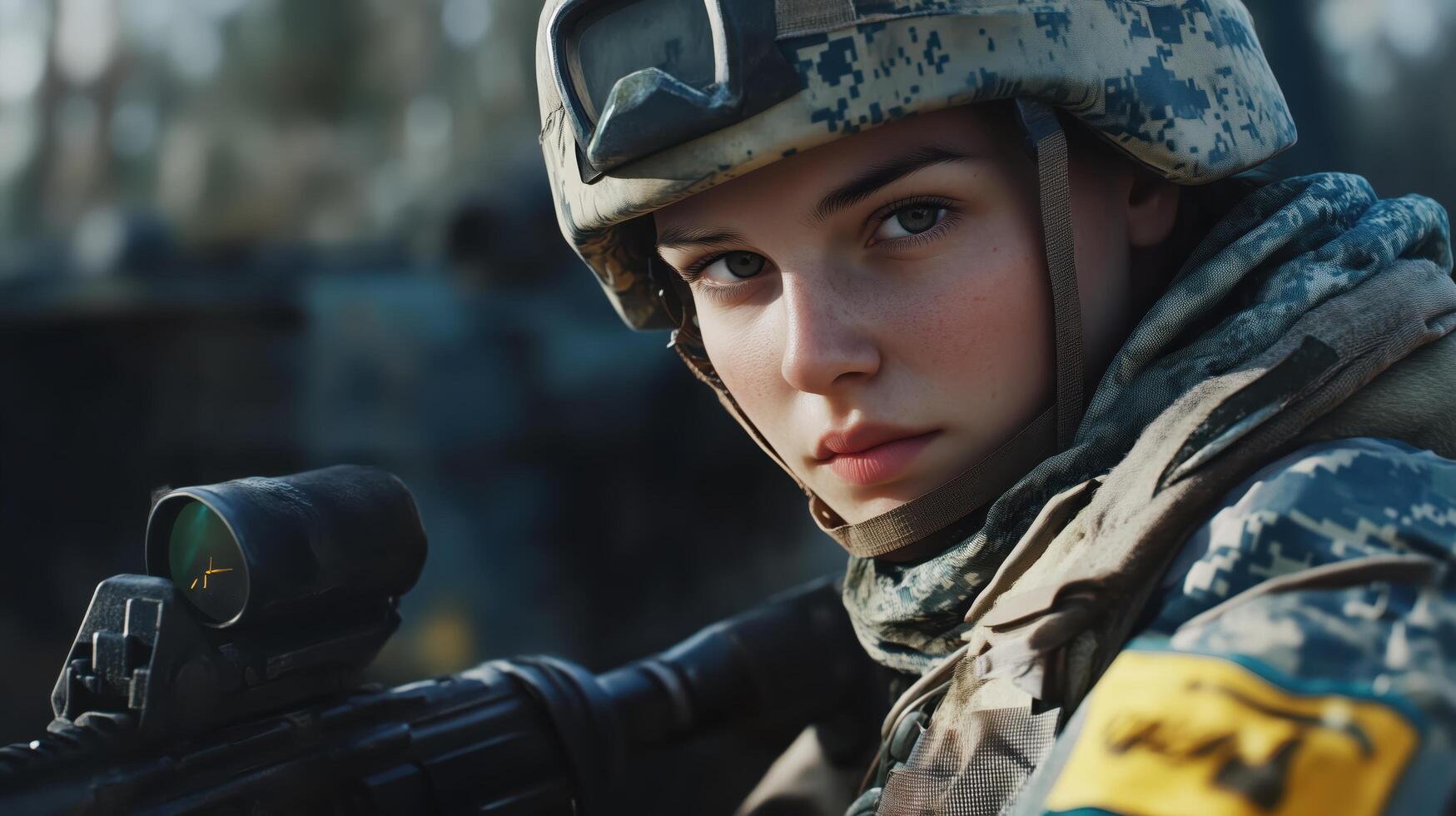 Ukrainian female soldier in a war zone, holding a rifle and wearing a helmet and camouflage photo