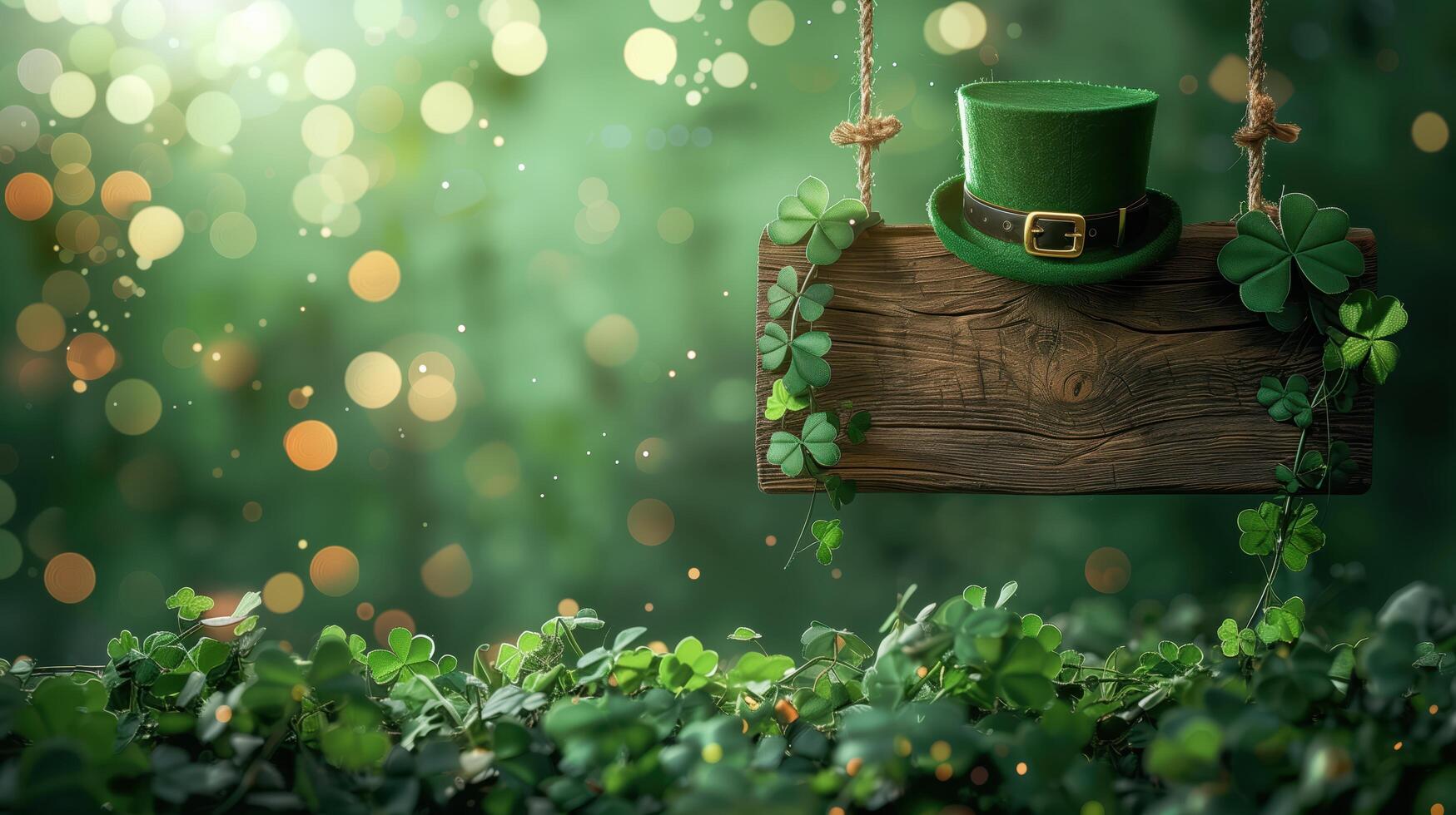 Green leprechaun hat is hanging on a wooden sign decorated with shamrocks in a magical forest for st. Patrick's day photo