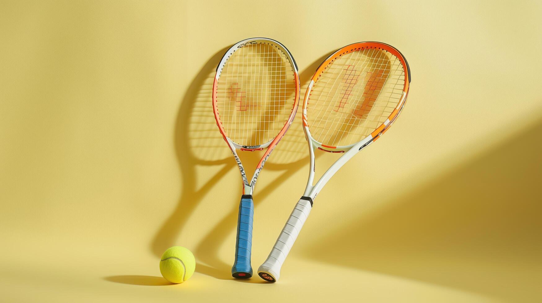 Tennis rackets casting bold shadows on a sunny yellow backdrop, with a tennis ball in the foreground photo