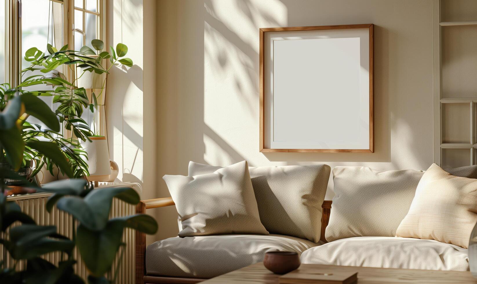 Sunlight casting shadows over a modern living room with a blank frame mockup, perfect for showcasing your artwork or designs photo