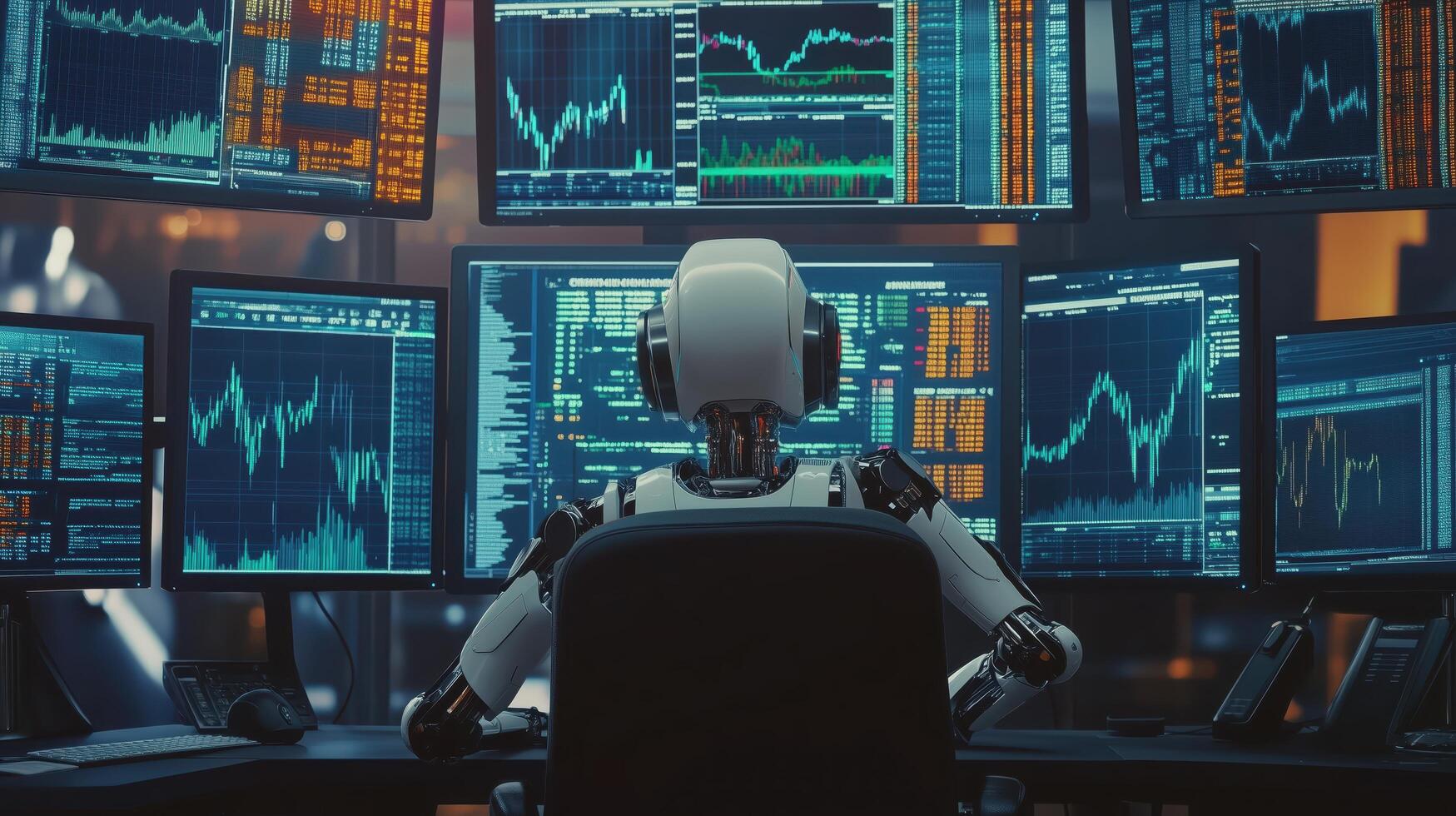 Robot works overnight, analyzing large sets of data on several computer screens photo