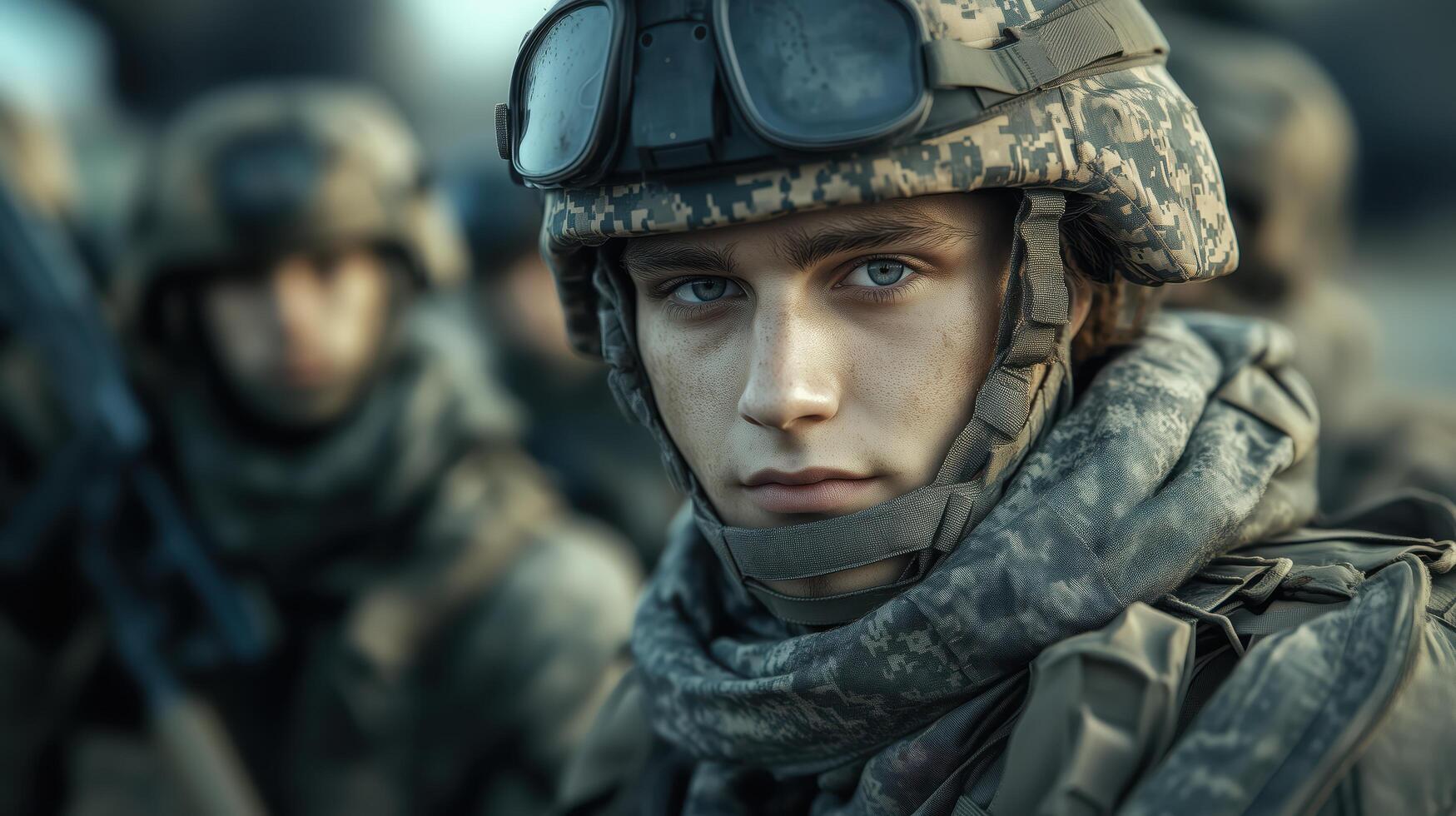 Young soldier in camouflage uniform and helmet with tactical goggles, posing in front of his squad for a portrait photo
