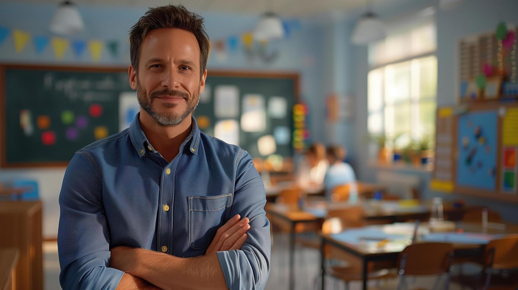 Smiling teacher poses with arms crossed in classroom as students work in the background photo