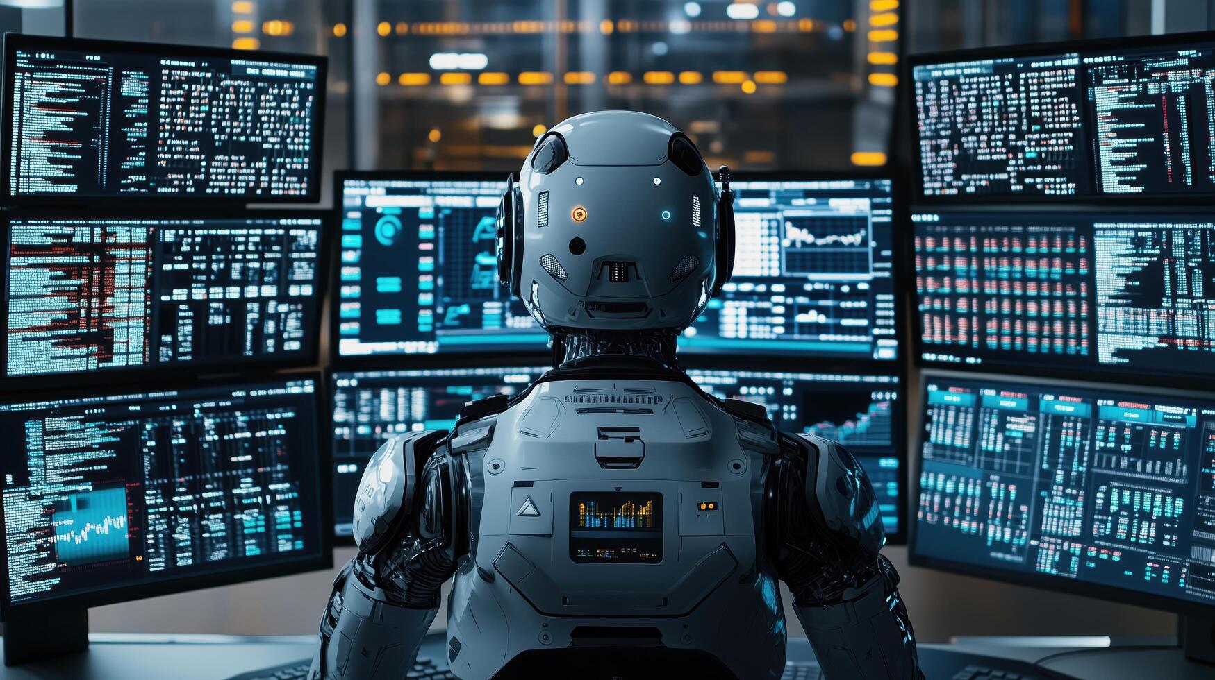 Advanced robot stock trader is using multiple monitors to analyze market data in a futuristic trading room photo