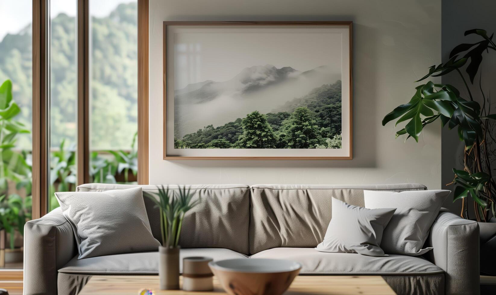 Contemporary and inviting living room showcases a spacious window with a stunning vista of lush forest and distant mountains photo