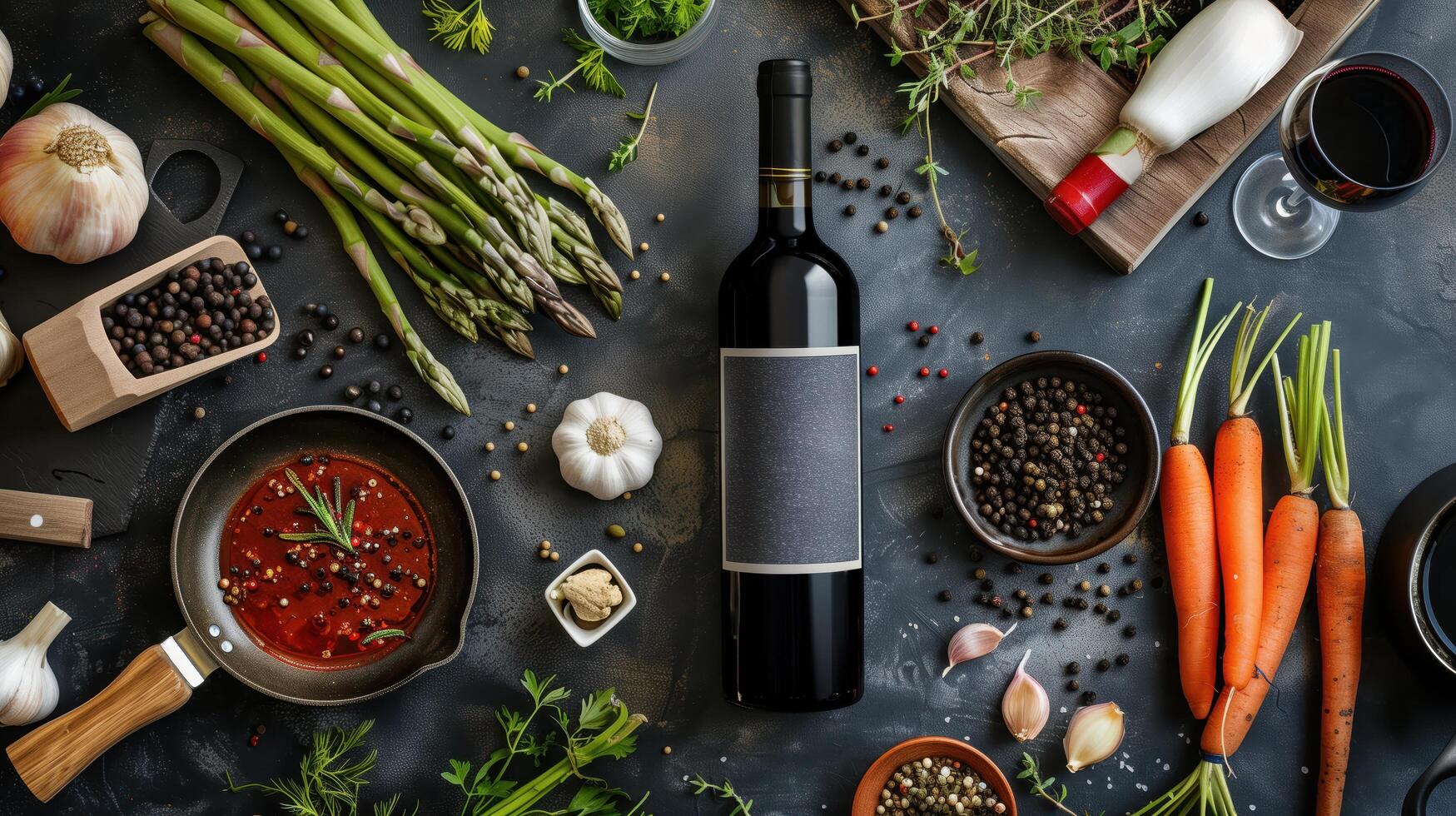 Wine bottle with blank label surrounded by fresh vegetables, herbs and spices on dark vintage background, top view photo