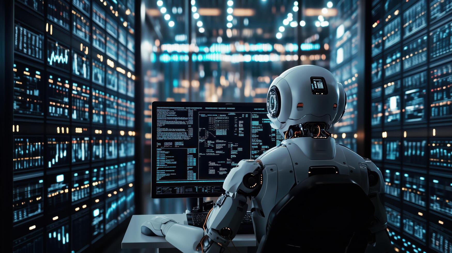 Robot analyzing data on computer screen in server room surrounded by server racks photo