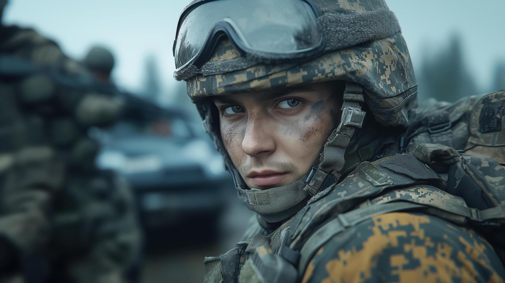 Soldier in camouflage stands with his military unit, prepared for action photo