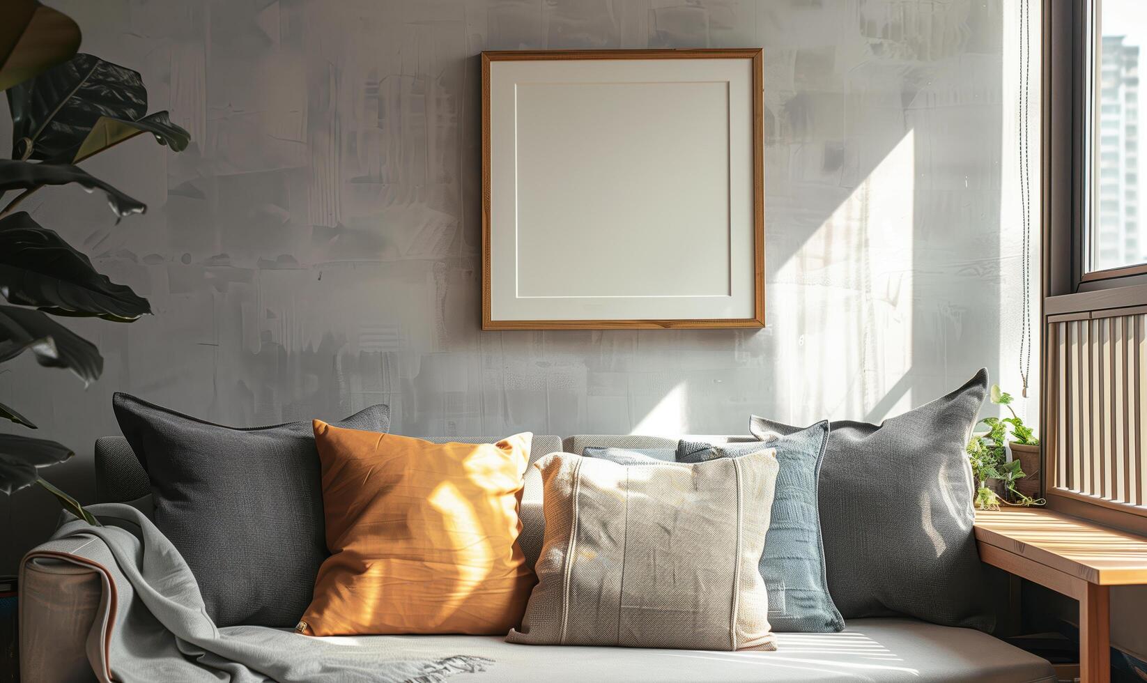 Modern living room with sunlight illuminating a blank wooden frame on a textured concrete wall above a cozy sofa photo