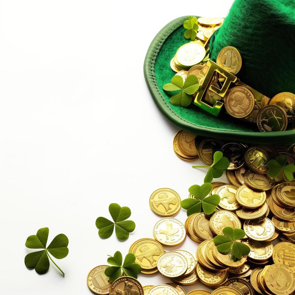 Leprechaun hat filled with gold coins and shamrocks, symbolizing good luck and wealth on a white background with space for text photo