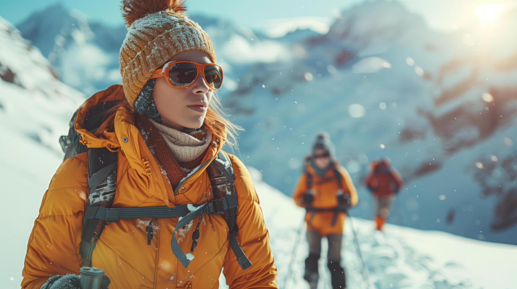 Hikers trek snowy mountain, feeling cold air, embracing icy challenge, under bright sun in blue sky. Adventure in europe's alps filled with fun, freedom, inspiration photo