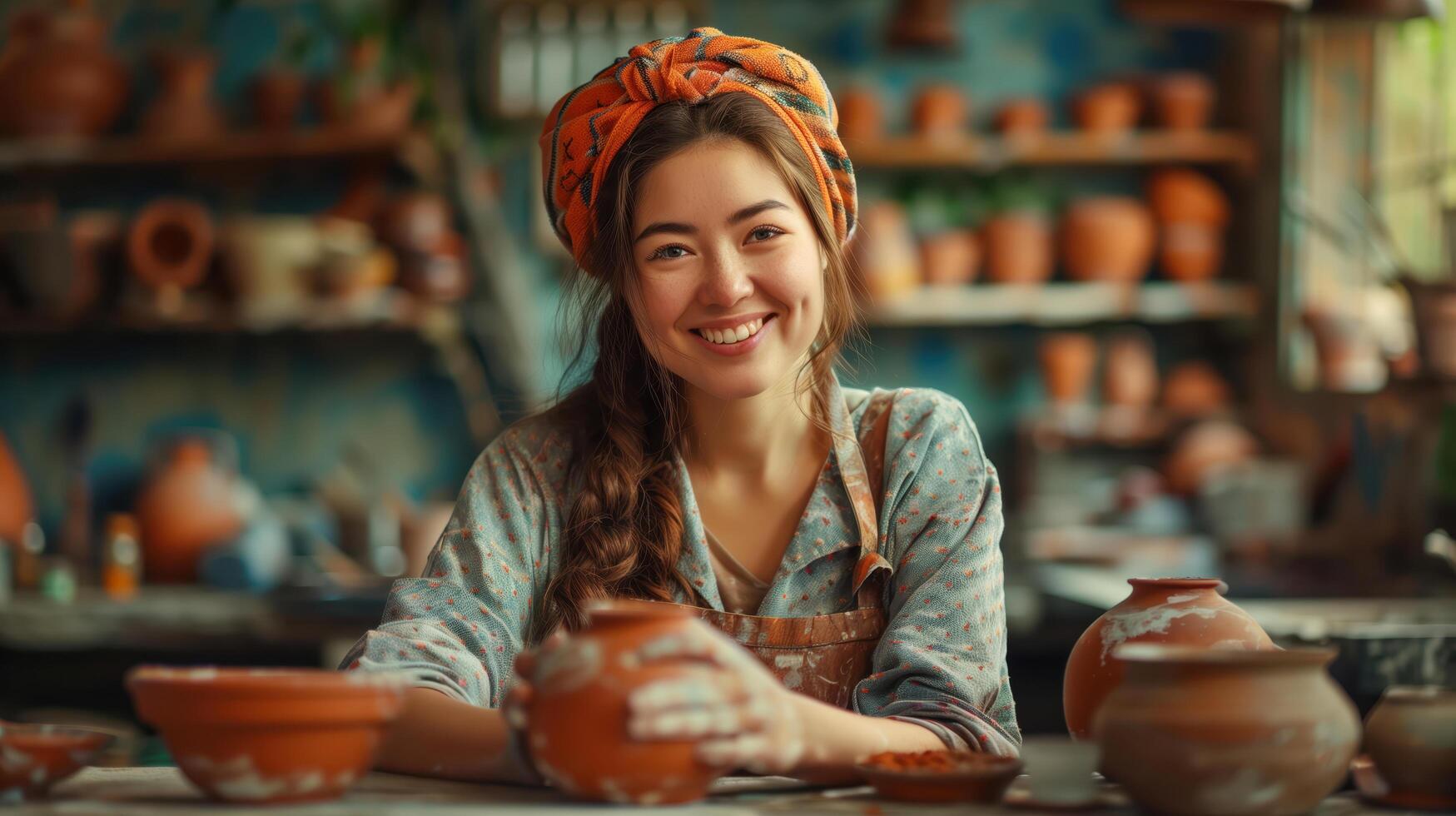 Smiling craftswoman covered in clay passionately creating pottery in her cozy workshop, showcasing her creativity and skill photo