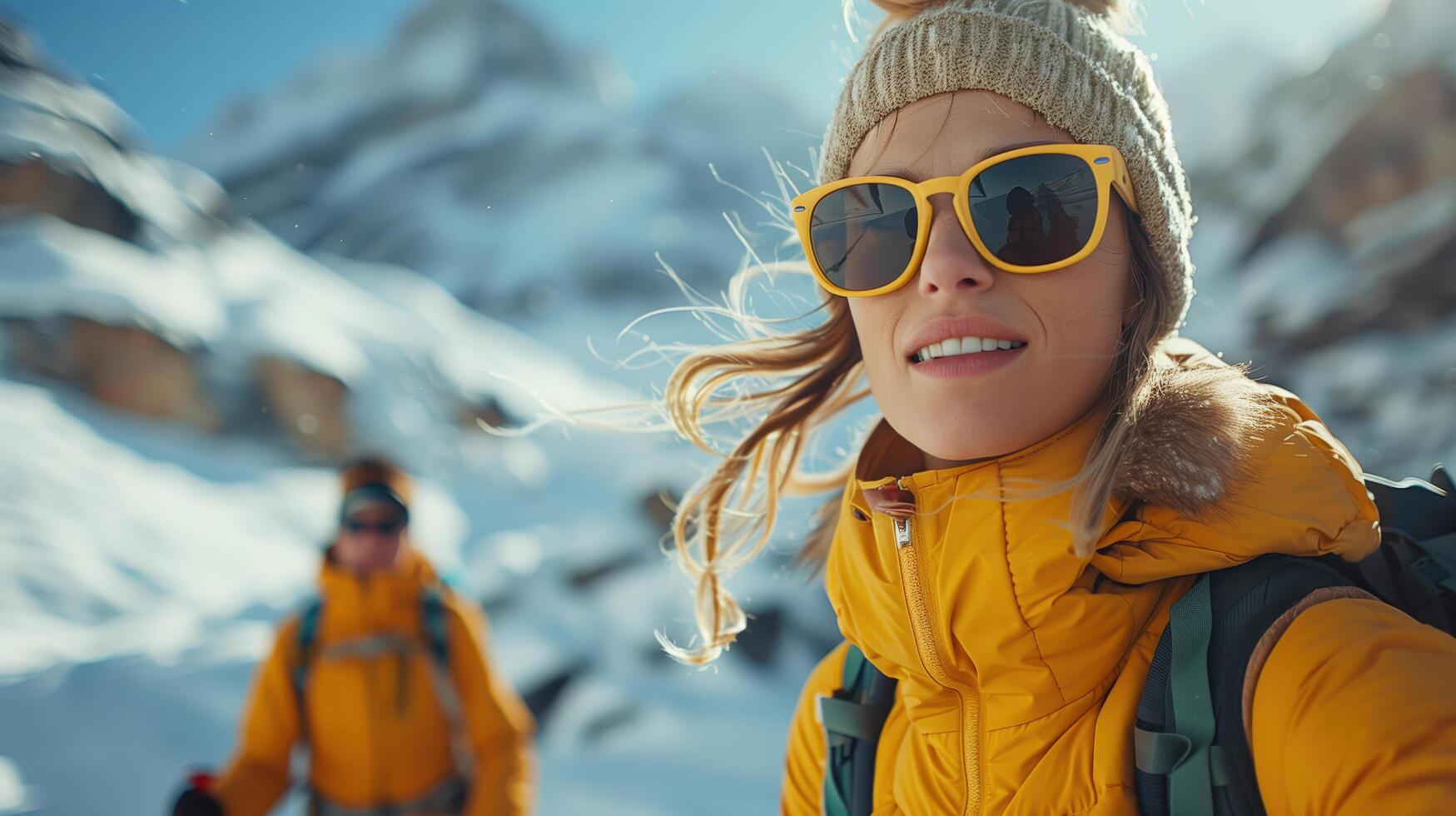 Two friends enjoy a sunny winter day as they hike up a snowy mountain photo