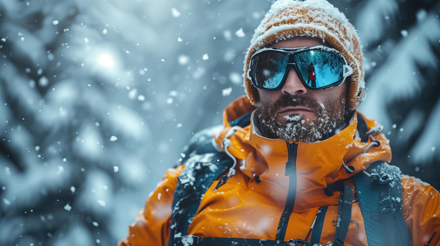 Mountaineer is braving the elements during a snowstorm high up in the mountains photo