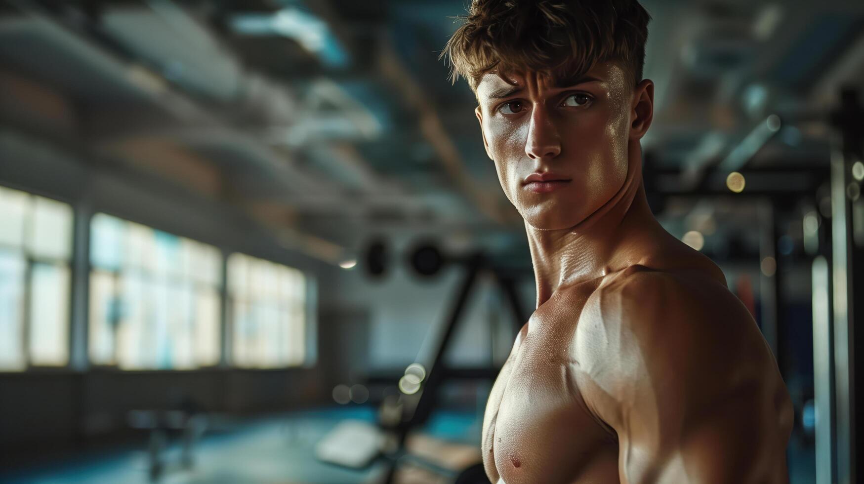 Bodybuilder takes a break from intense workout, flexing muscles in gym. Confidence and focus show dedication to fitness goals. Sweat and effort highlight hard work for chiseled physique photo