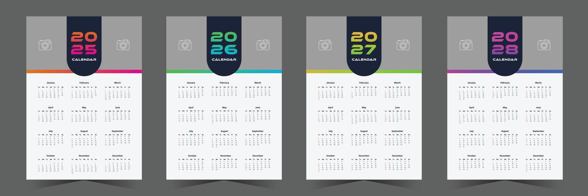 Set of one page wall calendar design for 2025, 2026, 2027, 2028 with gradient shape vector