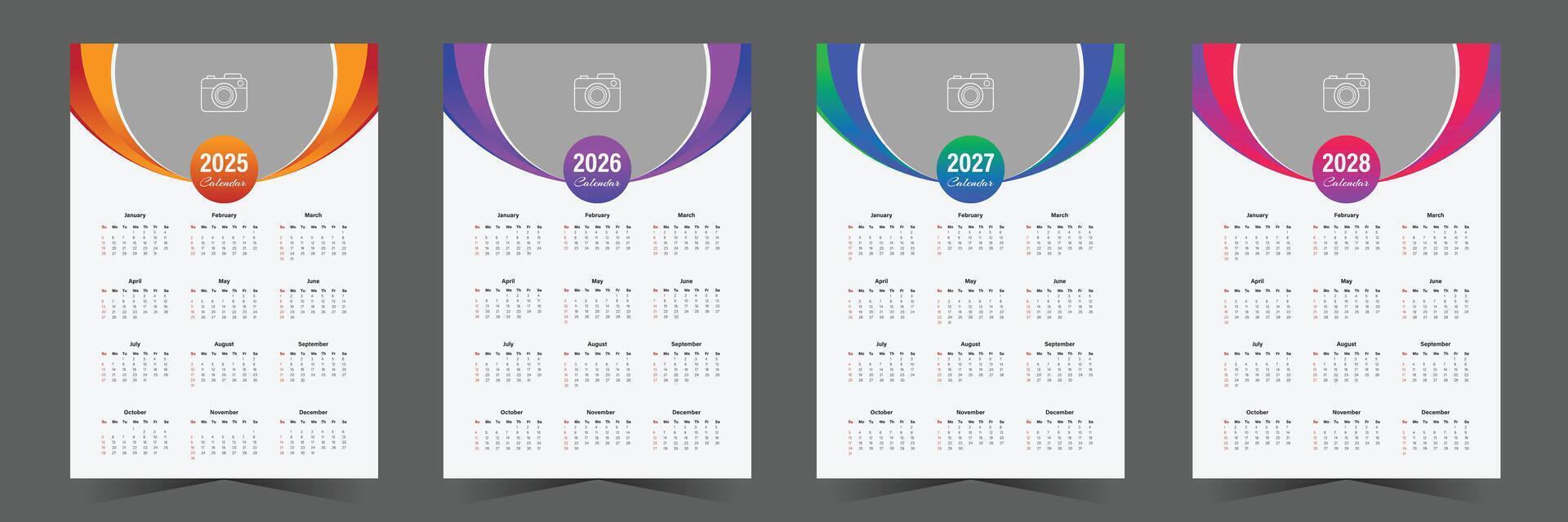 One page calendar design for 2025, 2026, 2027, 2028 with abstract shape vector
