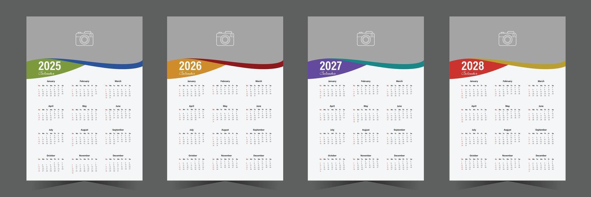 modern calendar design template for 2025, 2026, 2027, 2028 with abstract shape vector