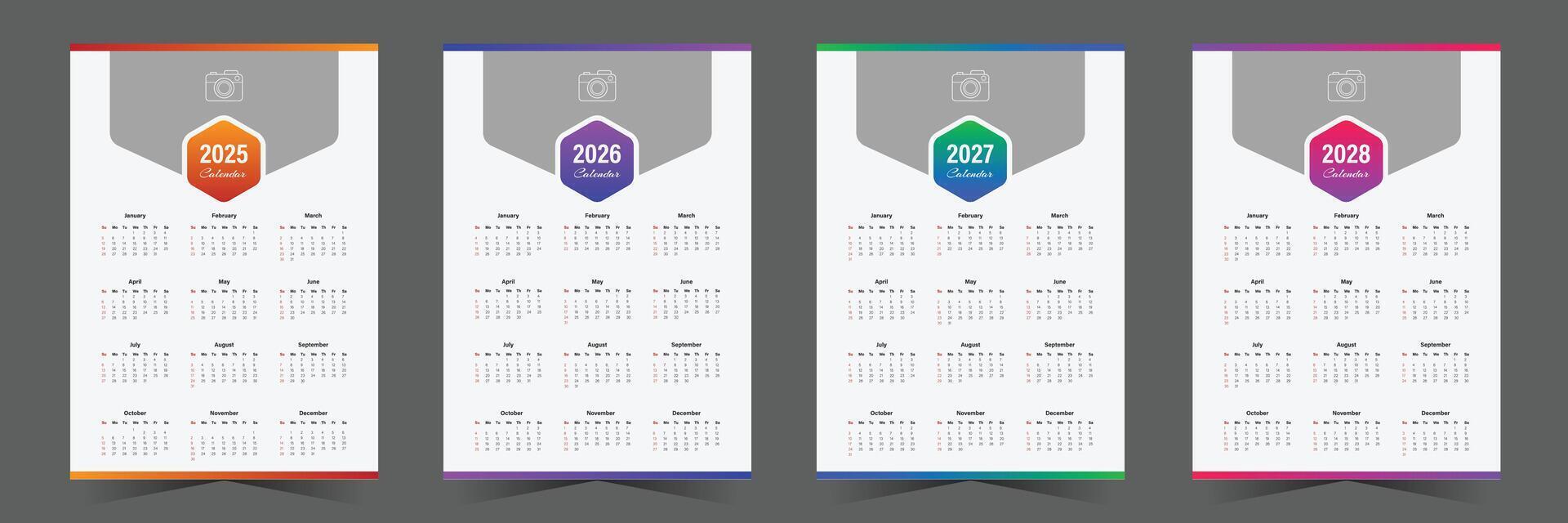 Modern Wall calendar design for 2025, 2026, 2027, 2028 with gradient shape vector