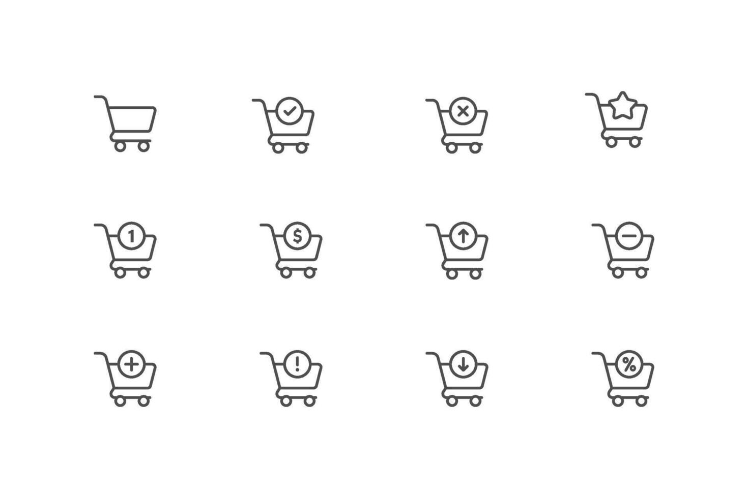Shopping cart line icon set isolated. Search, delivery, minus, add, confirmation, percent, promotion, retail, online shopping. vector
