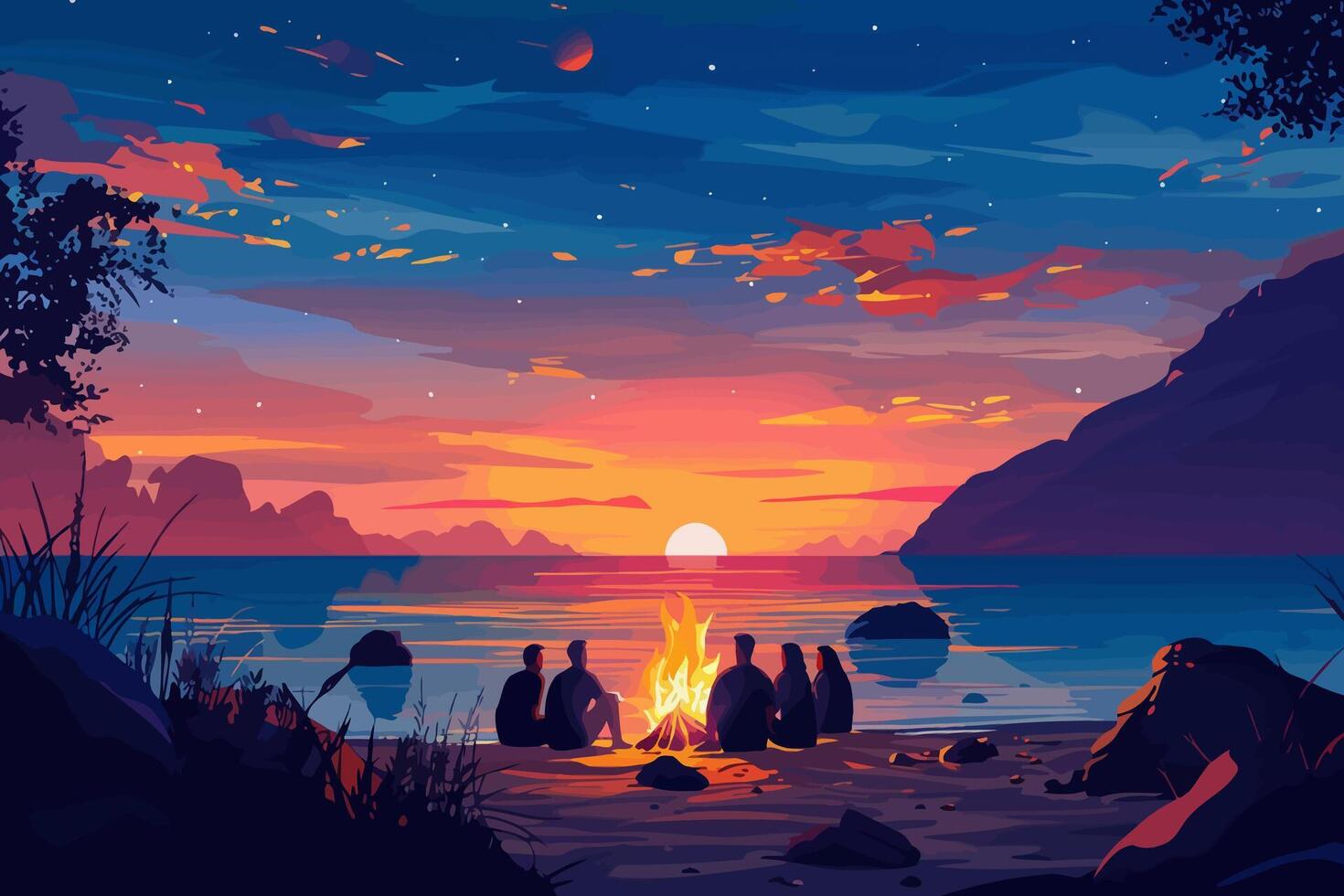Group of people enjoying a beach bonfire at twilight, flat illustration vector