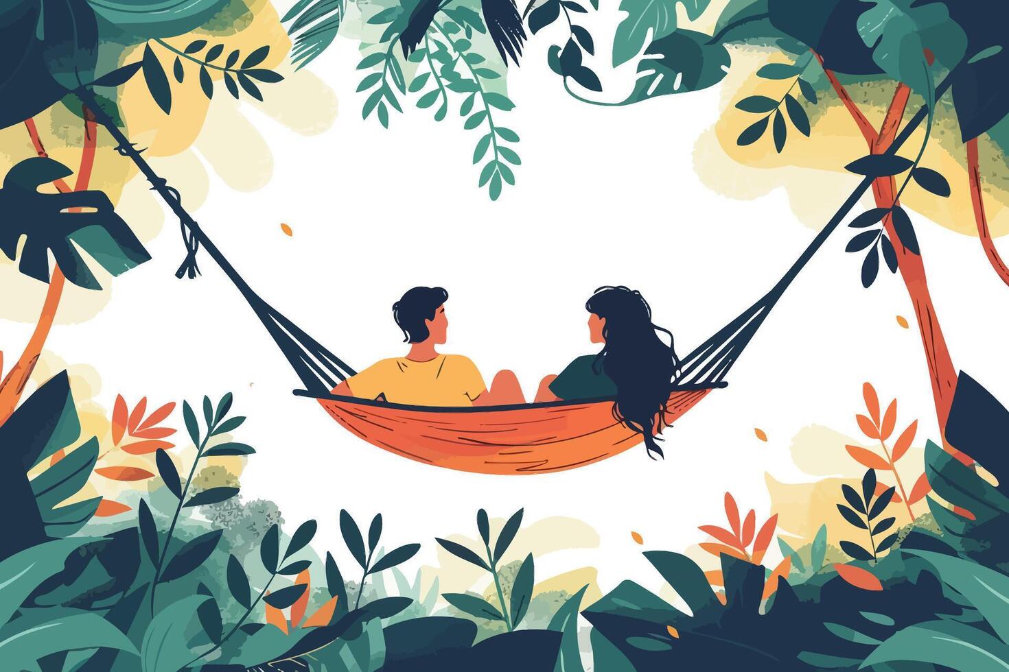 Couple relaxing in a hammock surrounded by lush foliage and colorful leaves, enjoying a peaceful moment. Flat illustration vector